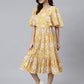 Janasya Women's Yellow Cotton Floral Printed Flared Western Dress | Swadesiicart