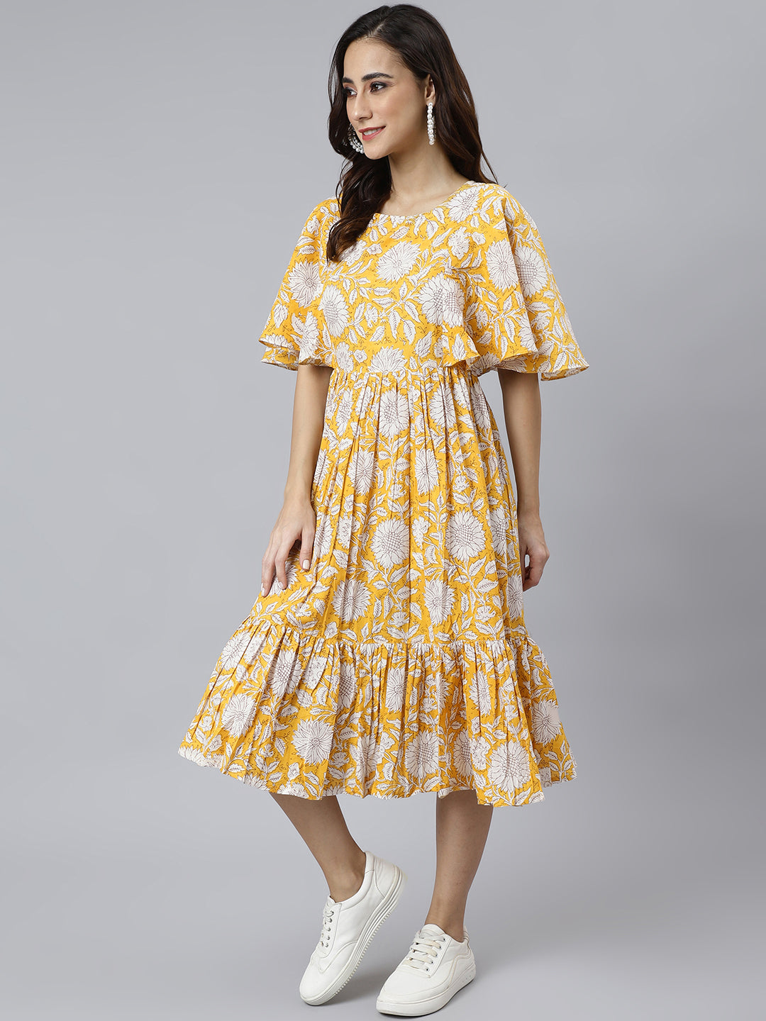 Janasya Women's Yellow Cotton Floral Printed Flared Western Dress | Swadesiicart