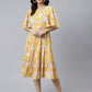 Janasya Women's Yellow Cotton Floral Printed Flared Western Dress | Swadesiicart
