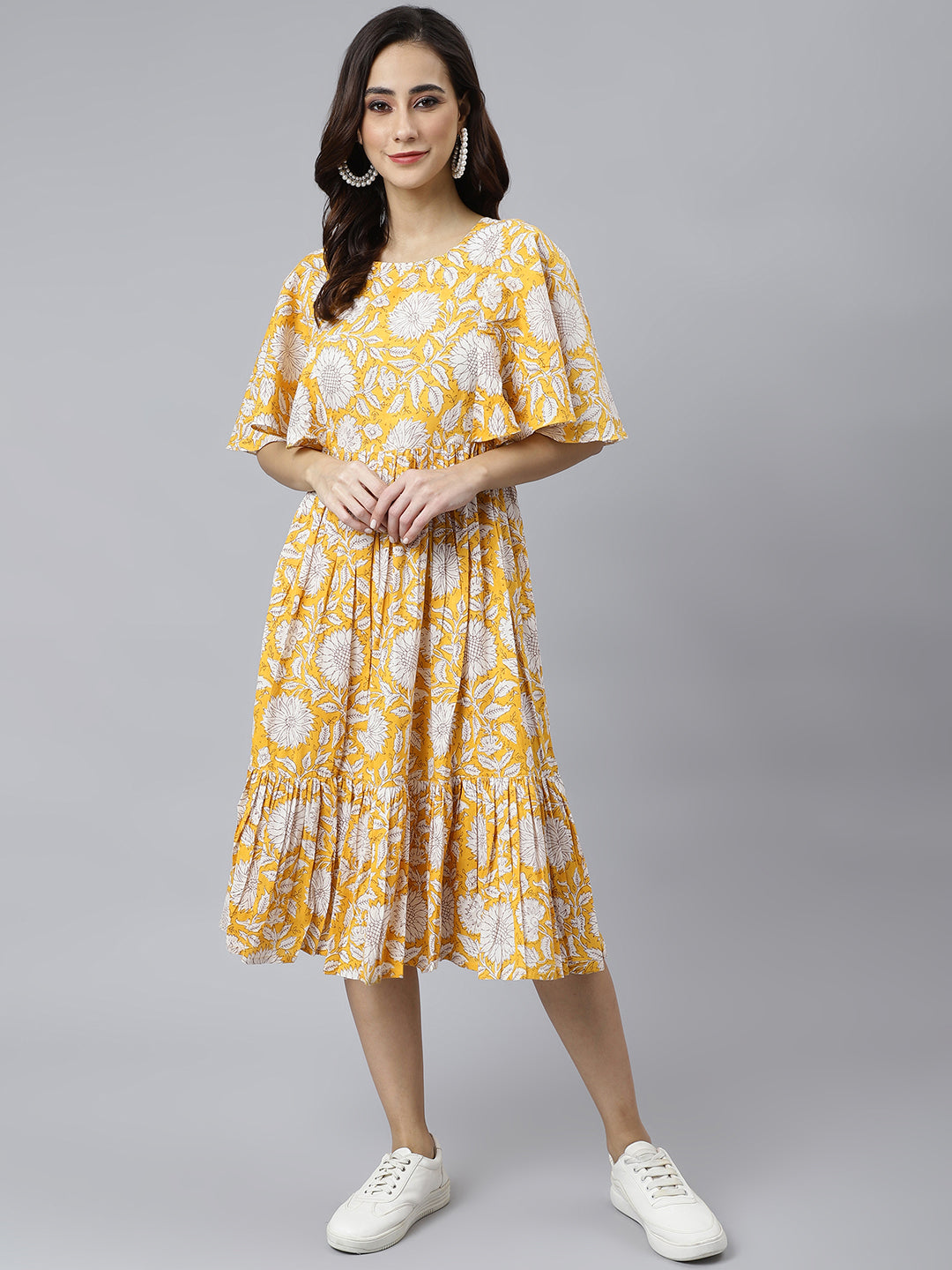 Janasya Women's Yellow Cotton Floral Printed Flared Western Dress | Swadesiicart