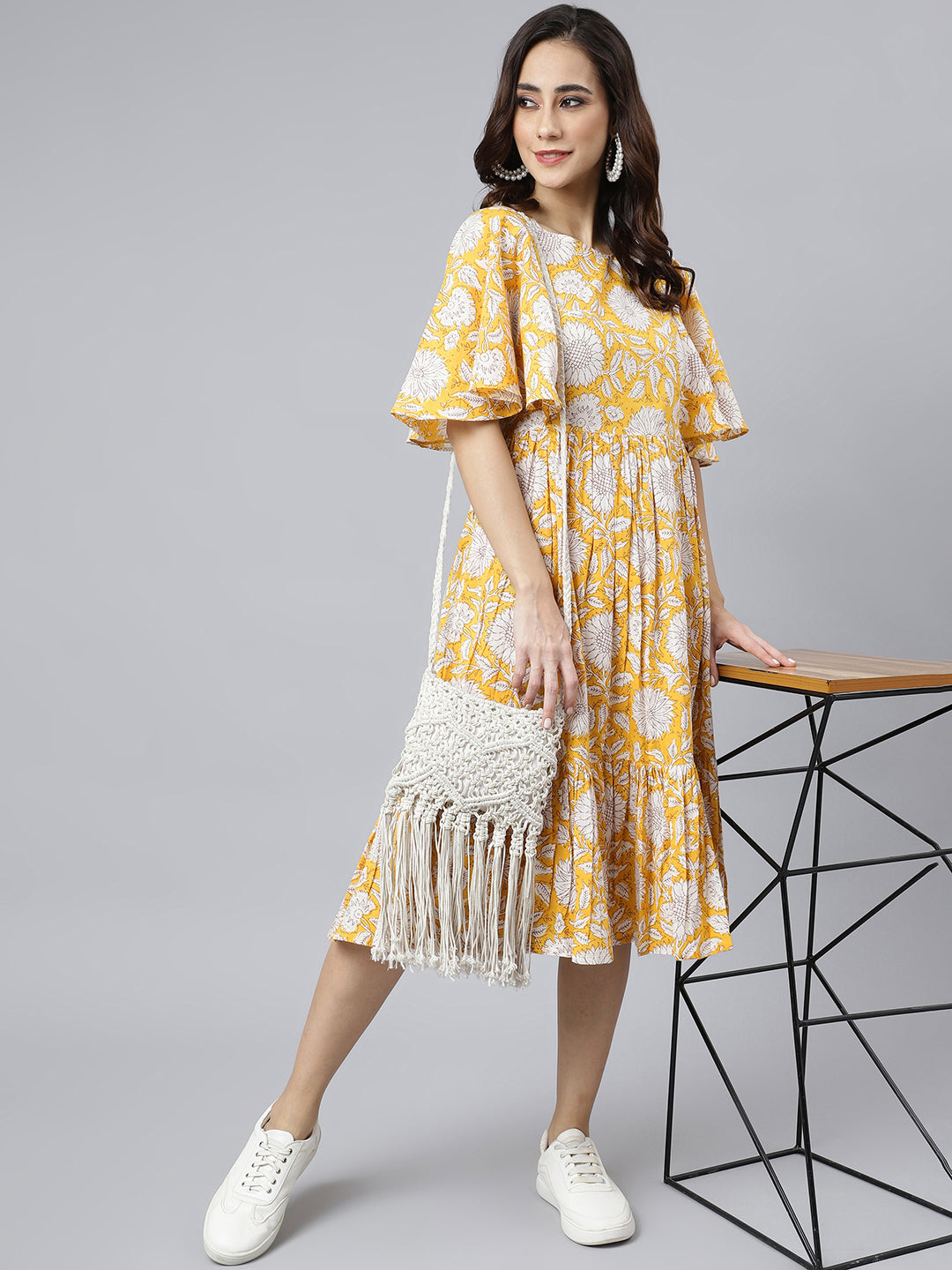 Janasya Women's Yellow Cotton Floral Printed Flared Western Dress | Swadesiicart