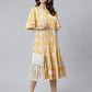 Janasya Women's Yellow Cotton Floral Printed Flared Western Dress | Swadesiicart