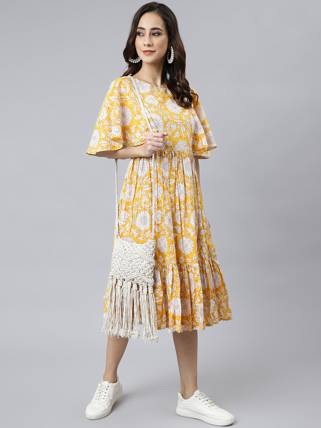 Janasya Women's Yellow Cotton Floral Printed Flared Western Dress | Swadesiicart
