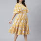 Janasya Women's Yellow Cotton Floral Printed Flared Western Dress | Swadesiicart