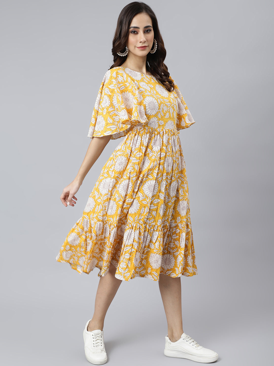 Janasya Women's Yellow Cotton Floral Printed Flared Western Dress | Swadesiicart