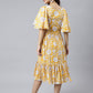 Janasya Women's Yellow Cotton Floral Printed Flared Western Dress | Swadesiicart