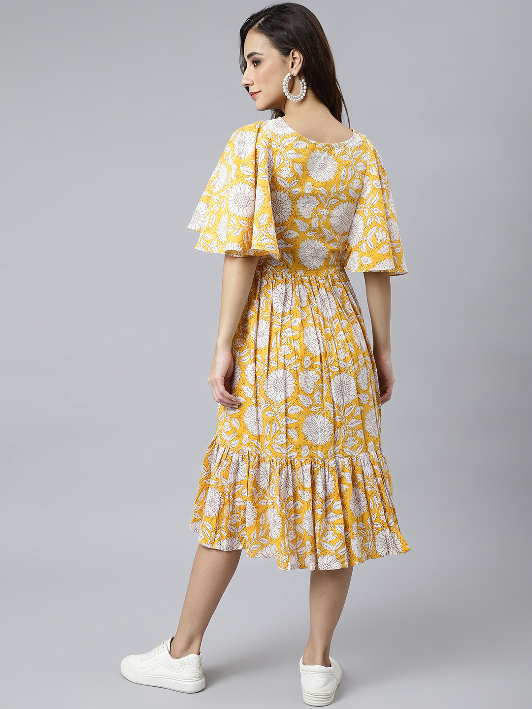 Janasya Women's Yellow Cotton Floral Printed Flared Western Dress | Swadesiicart
