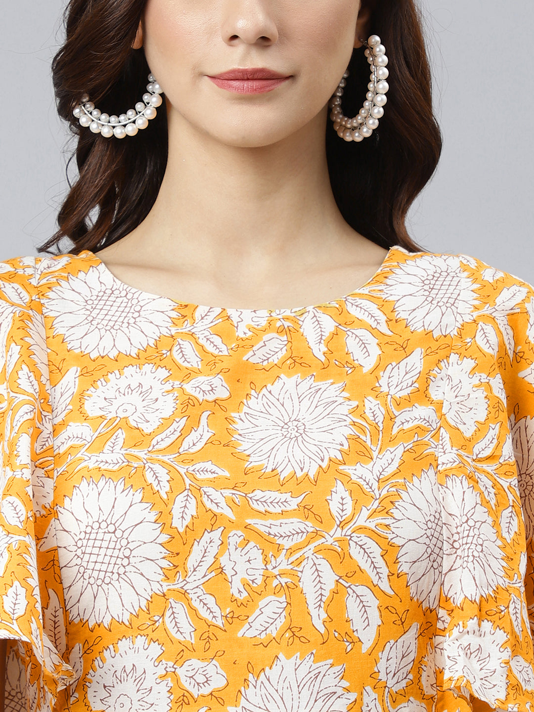 Janasya Women's Yellow Cotton Floral Printed Flared Western Dress | Swadesiicart