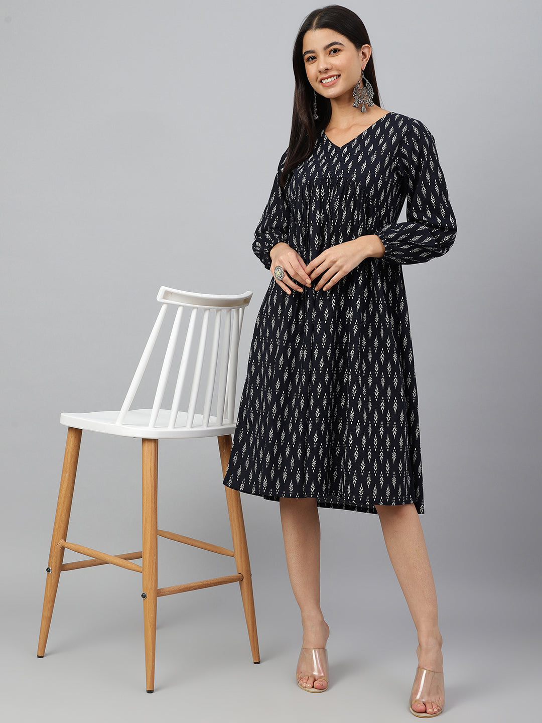 Janasya Women's Black Cotton Printed A-line Western Dress | Swadesiicart