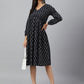 Janasya Women's Black Cotton Printed A-line Western Dress | Swadesiicart