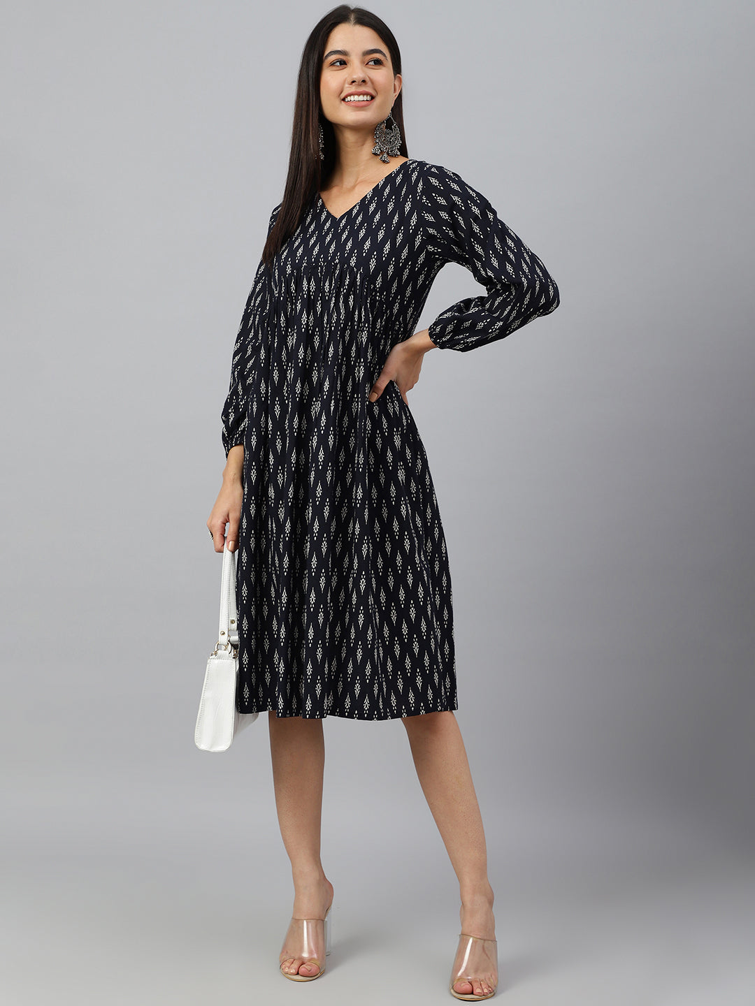Janasya Women's Black Cotton Printed A-line Western Dress | Swadesiicart