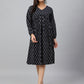 Janasya Women's Black Cotton Printed A-line Western Dress | Swadesiicart