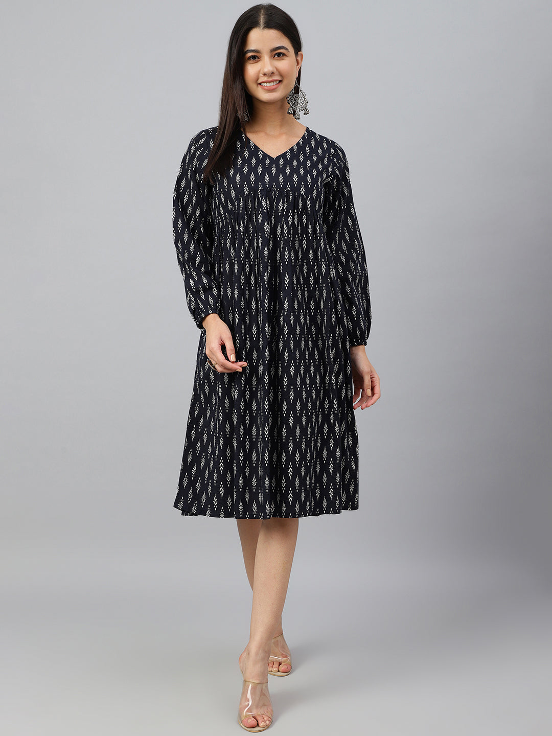 Janasya Women's Black Cotton Printed A-line Western Dress | Swadesiicart