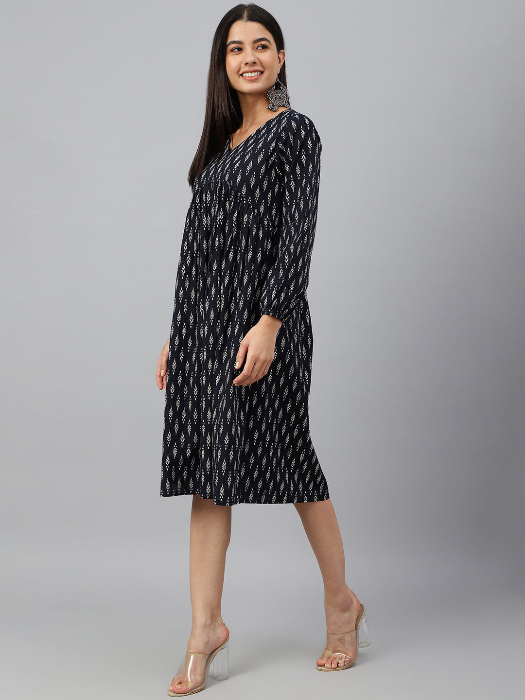 Janasya Women's Black Cotton Printed A-line Western Dress | Swadesiicart