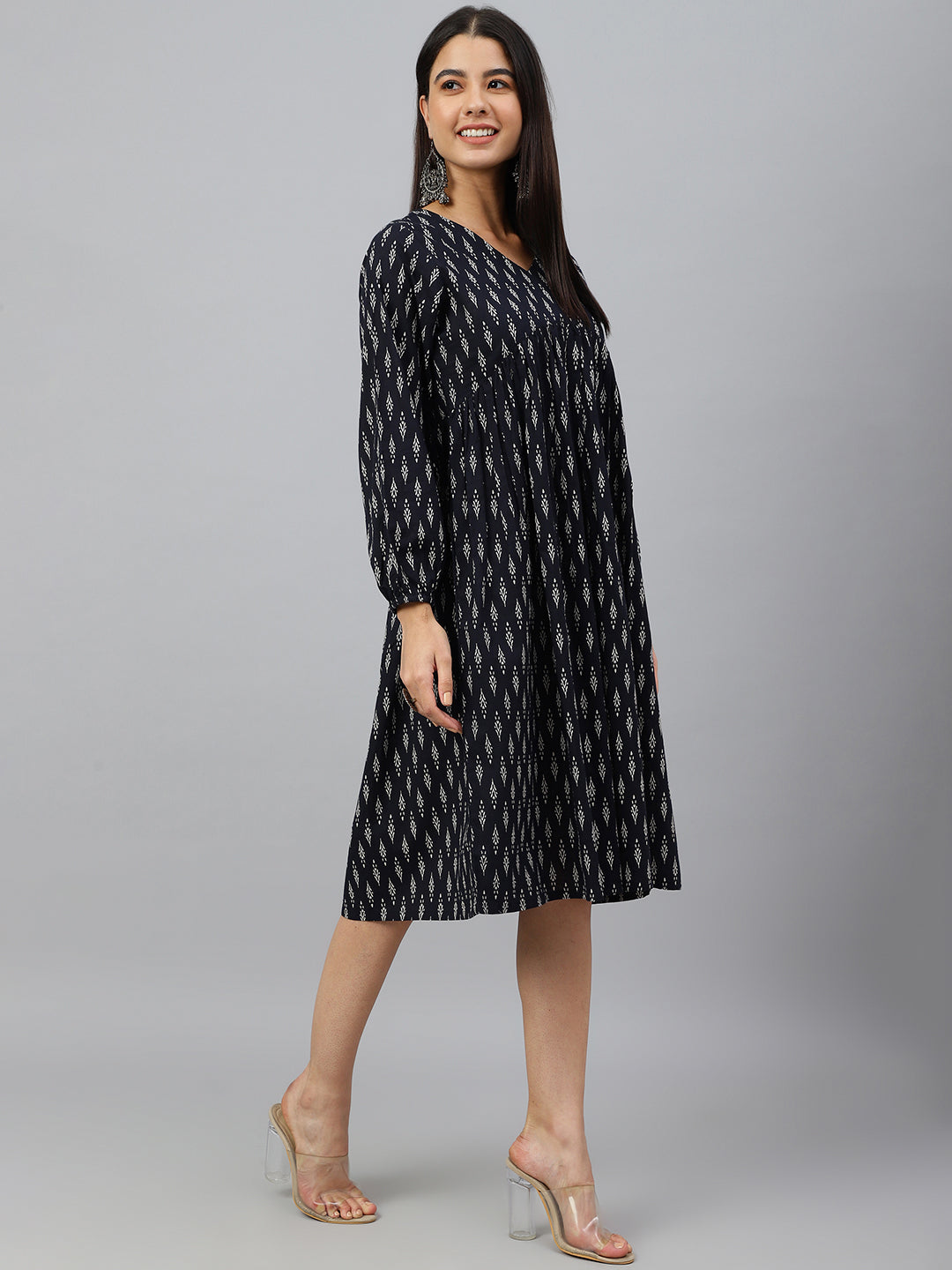 Janasya Women's Black Cotton Printed A-line Western Dress | Swadesiicart