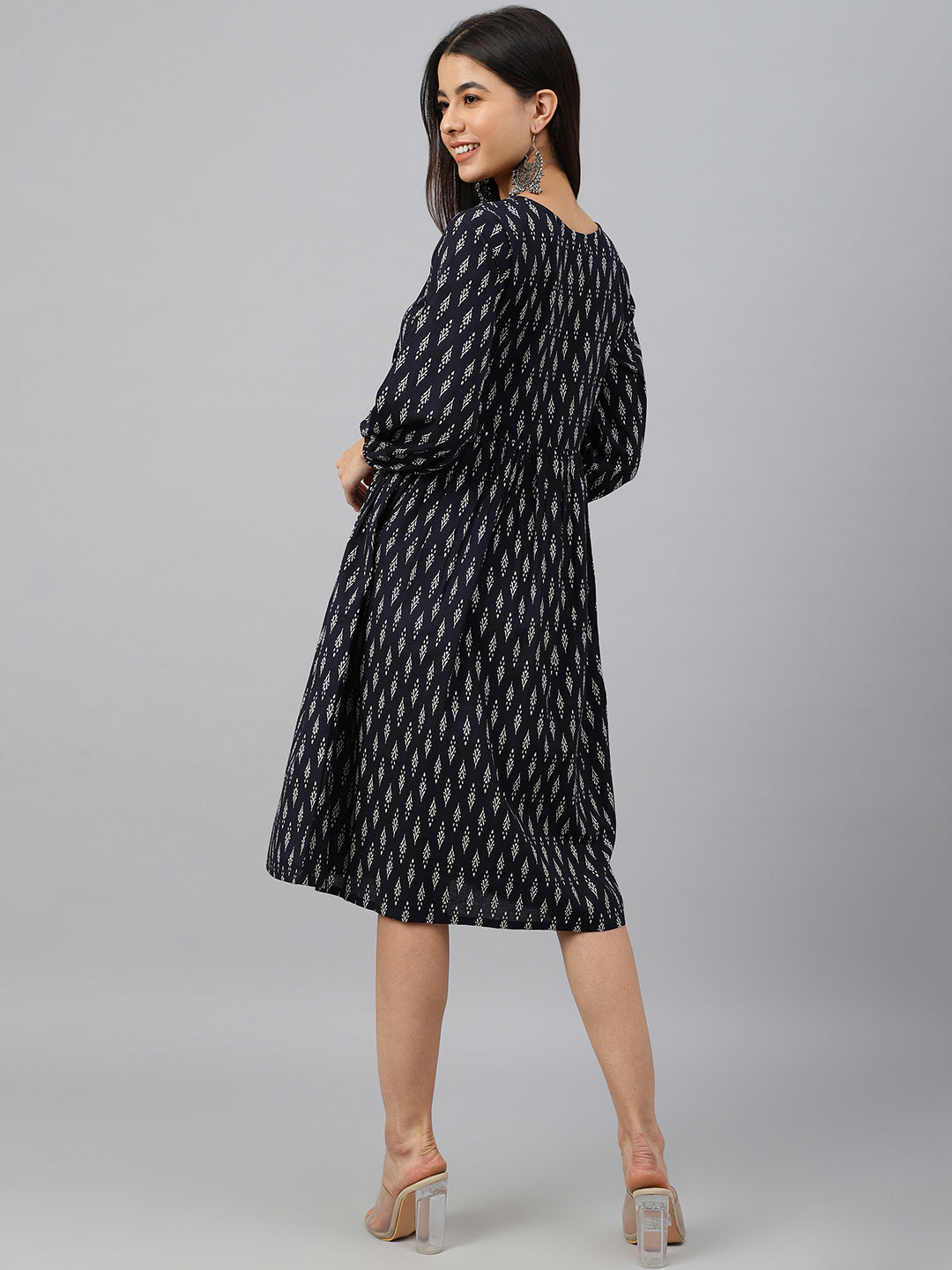 Janasya Women's Black Cotton Printed A-line Western Dress | Swadesiicart