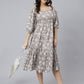 Janasya Women's Grey Cotton Floral Printed Flared Western Dress | Swadesiicart