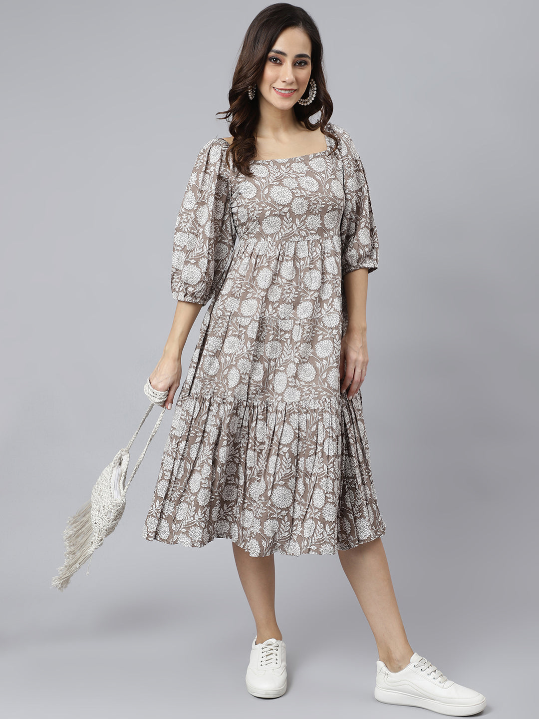 Janasya Women's Grey Cotton Floral Printed Flared Western Dress | Swadesiicart