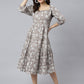 Janasya Women's Grey Cotton Floral Printed Flared Western Dress | Swadesiicart