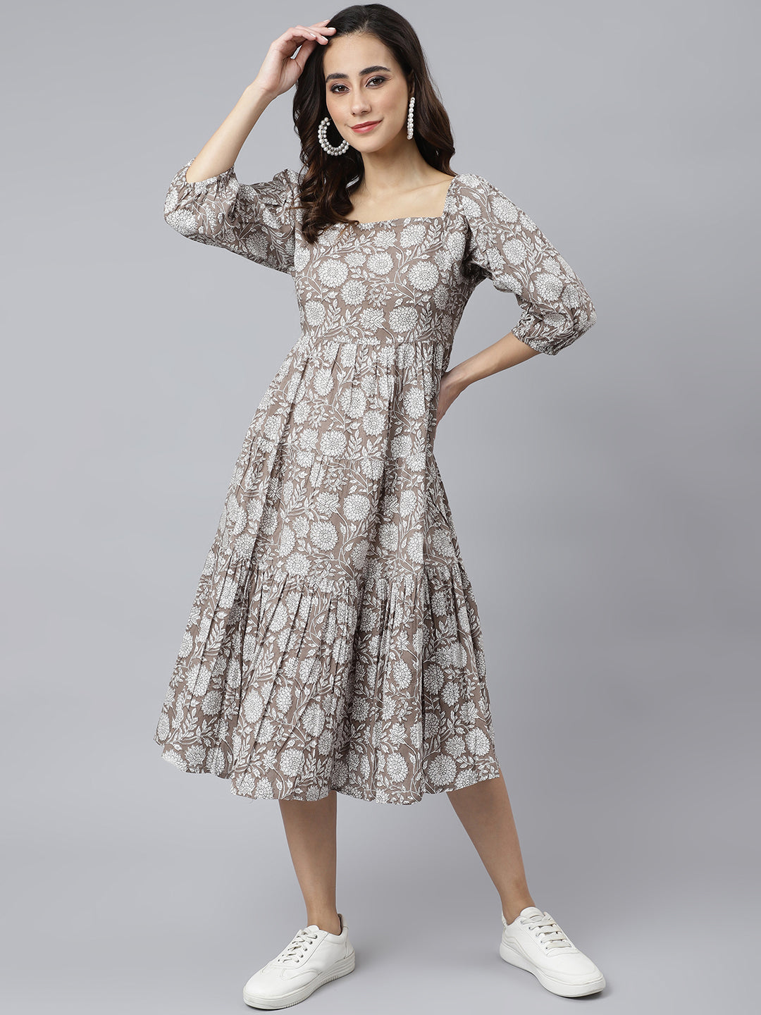 Janasya Women's Grey Cotton Floral Printed Flared Western Dress | Swadesiicart
