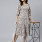 Janasya Women's Grey Cotton Floral Printed Flared Western Dress | Swadesiicart