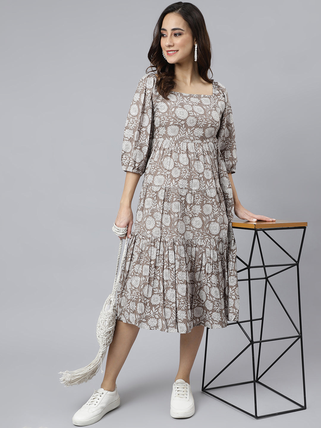 Janasya Women's Grey Cotton Floral Printed Flared Western Dress | Swadesiicart