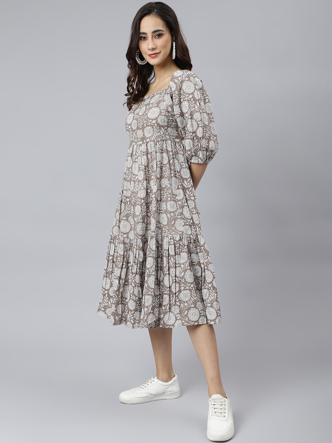 Janasya Women's Grey Cotton Floral Printed Flared Western Dress | Swadesiicart