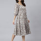 Janasya Women's Grey Cotton Floral Printed Flared Western Dress | Swadesiicart