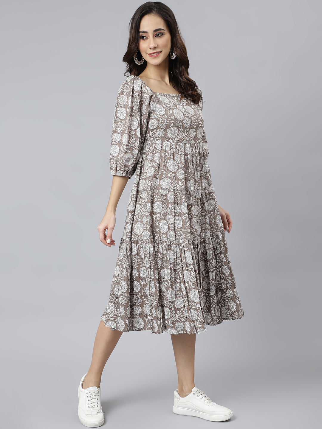 Janasya Women's Grey Cotton Floral Printed Flared Western Dress | Swadesiicart