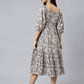Janasya Women's Grey Cotton Floral Printed Flared Western Dress | Swadesiicart