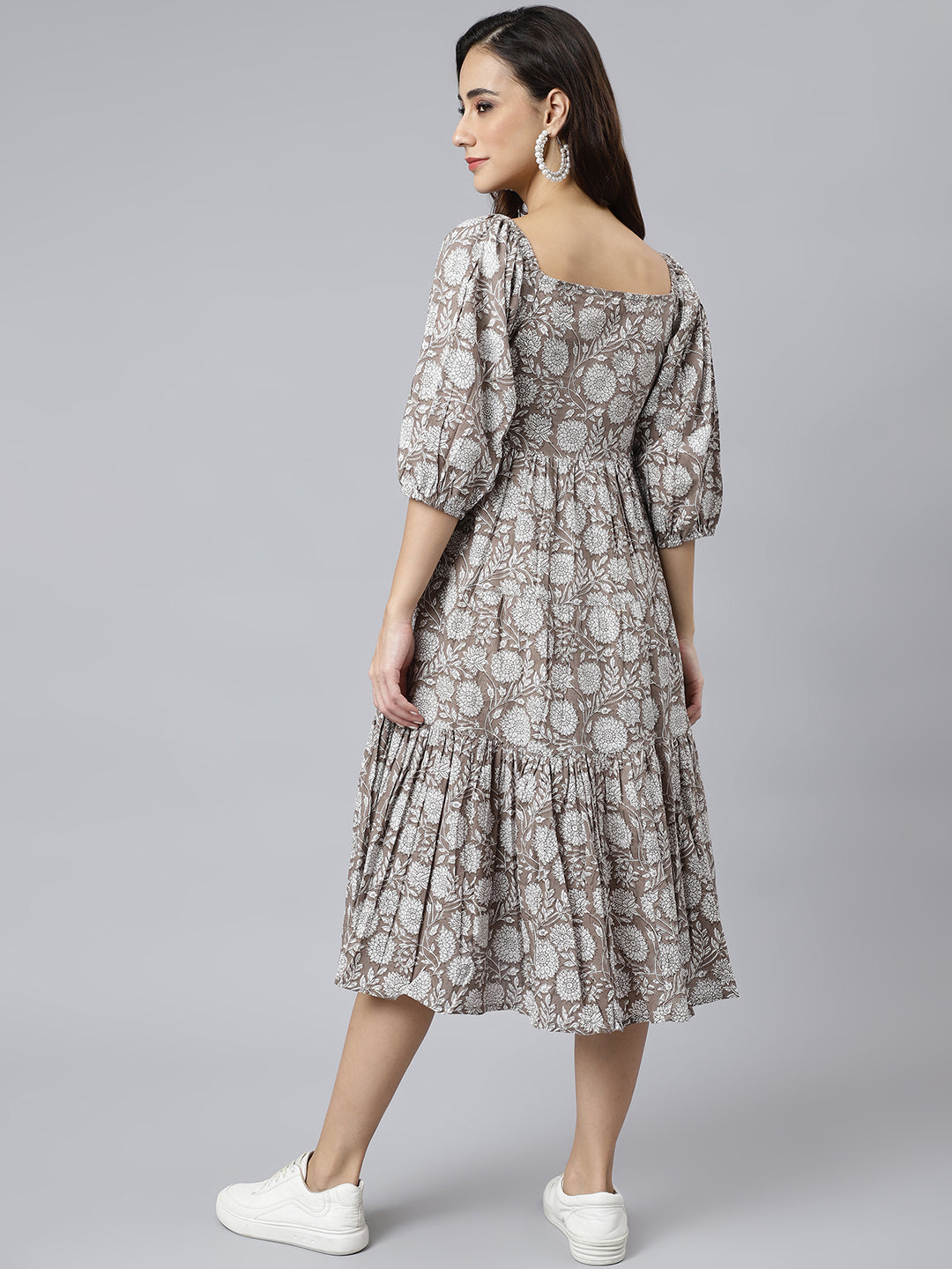 Janasya Women's Grey Cotton Floral Printed Flared Western Dress | Swadesiicart