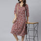Janasya Women's Maroon Cotton Floral Printed Angrakha Western Dress | Swadesiicart