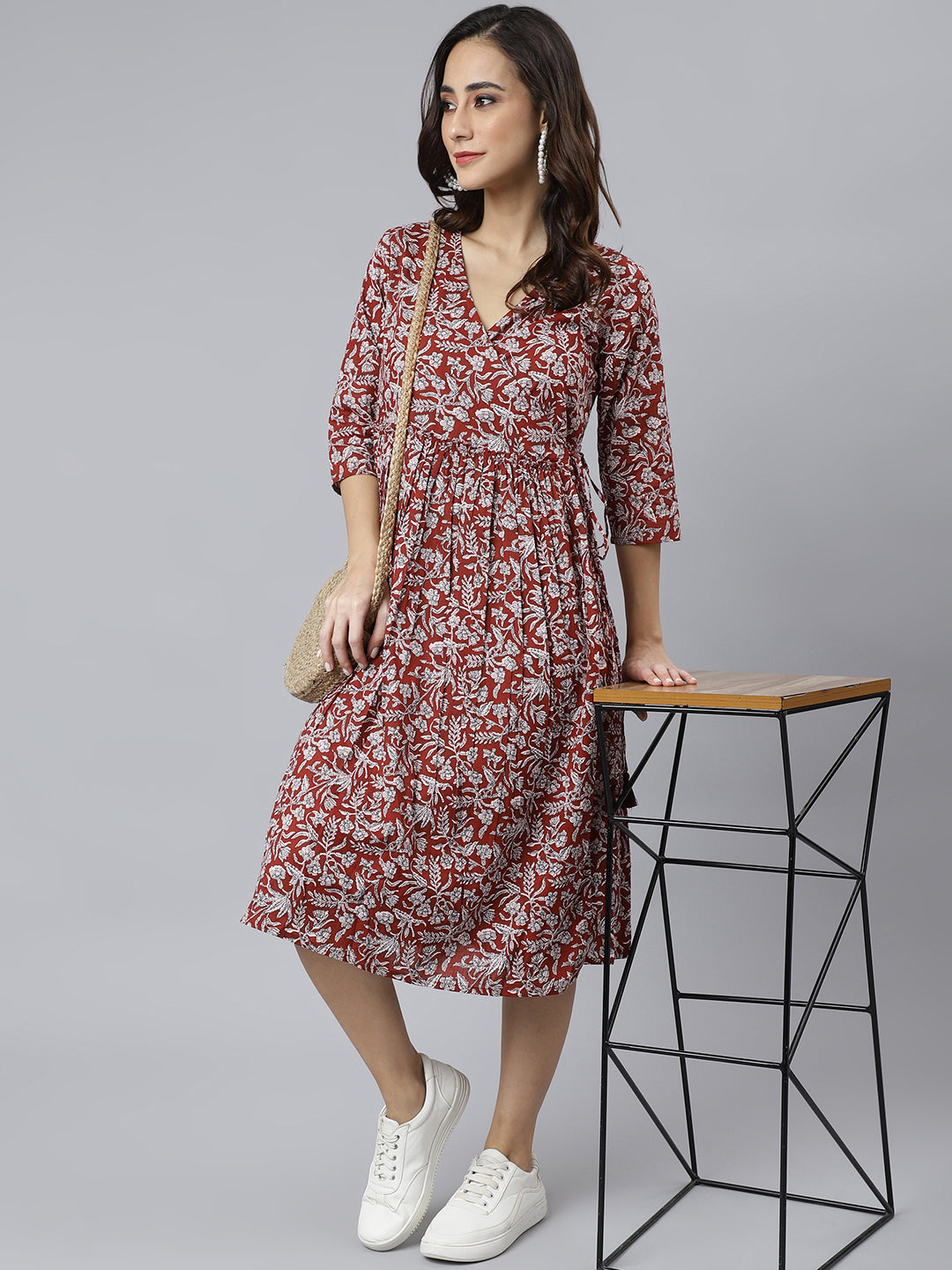 Janasya Women's Maroon Cotton Floral Printed Angrakha Western Dress | Swadesiicart