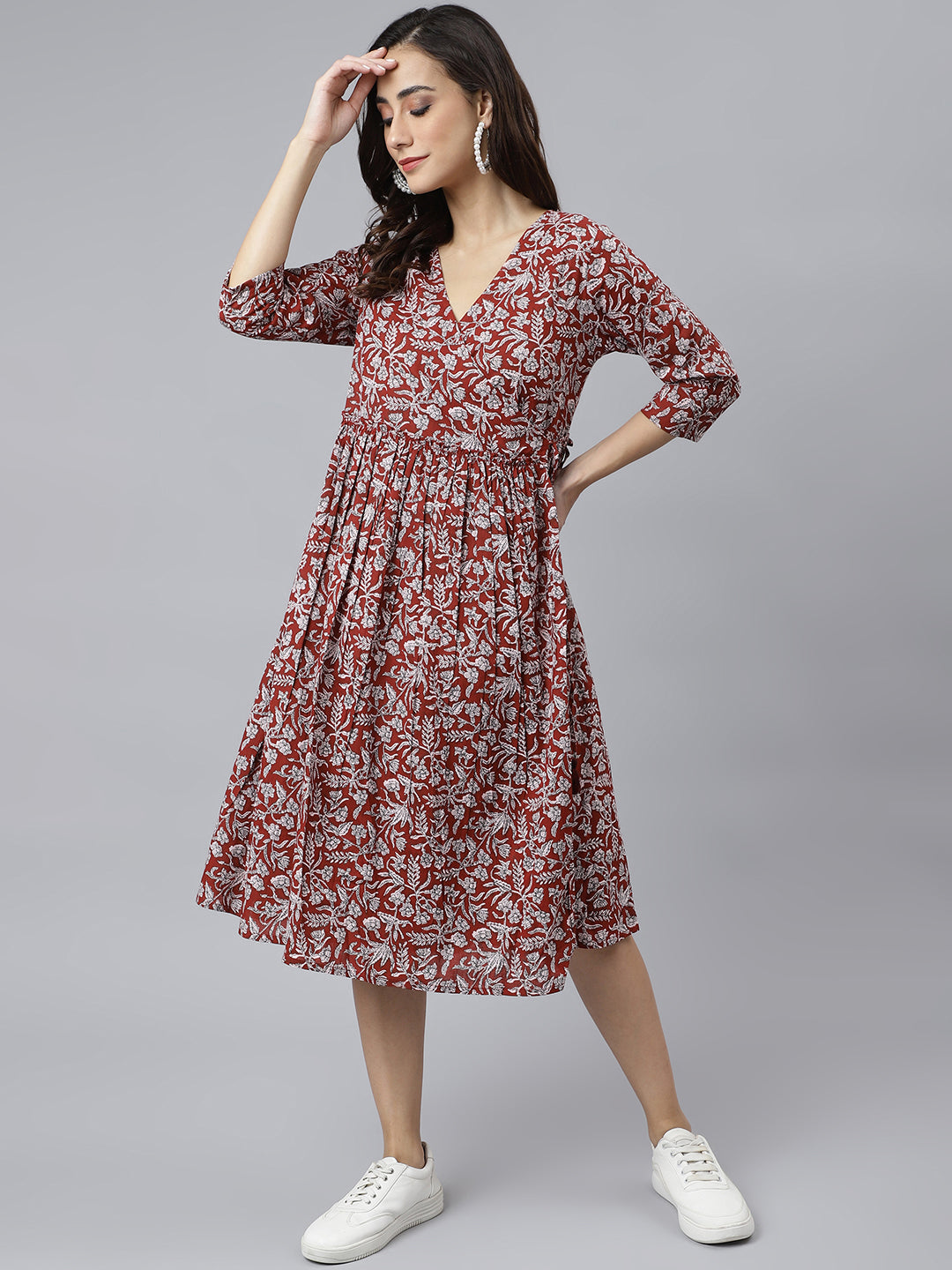 Janasya Women's Maroon Cotton Floral Printed Angrakha Western Dress | Swadesiicart