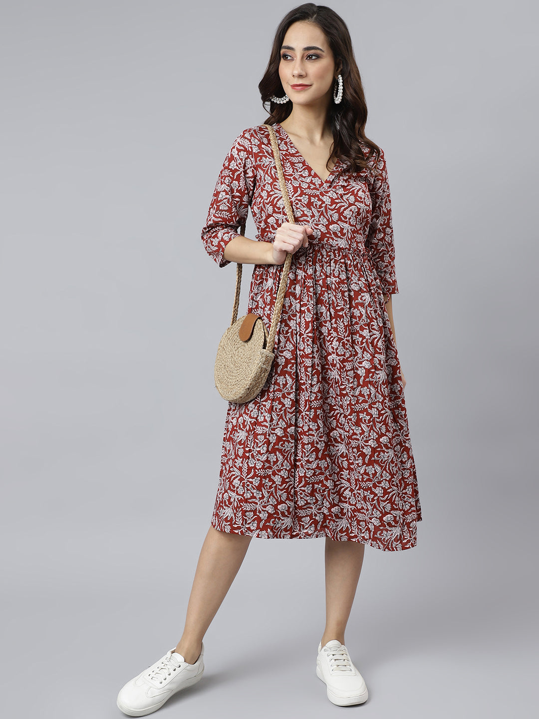 Janasya Women's Maroon Cotton Floral Printed Angrakha Western Dress | Swadesiicart