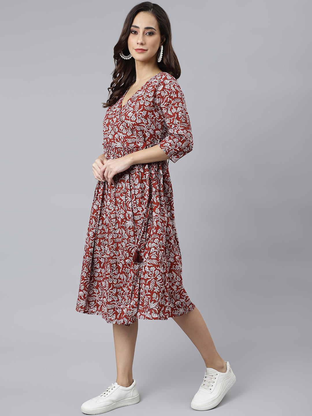 Janasya Women's Maroon Cotton Floral Printed Angrakha Western Dress | Swadesiicart