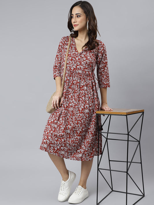 Janasya Women's Maroon Cotton Floral Printed Angrakha Western Dress | Swadesiicart
