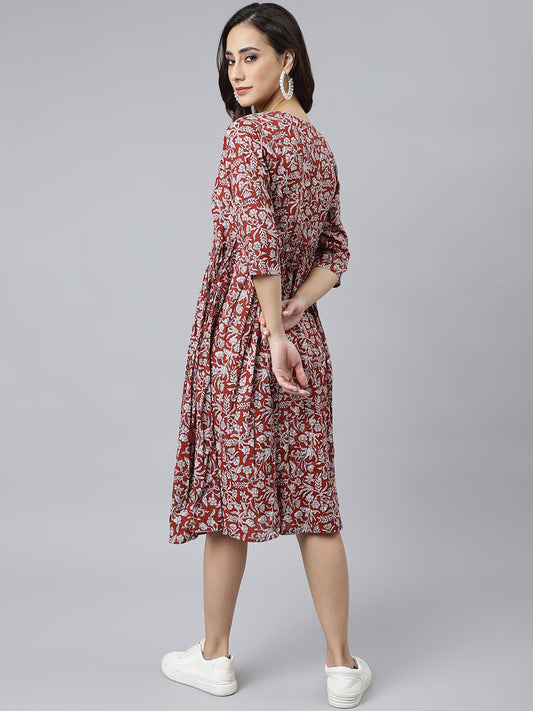 Janasya Women's Maroon Cotton Floral Printed Angrakha Western Dress | Swadesiicart