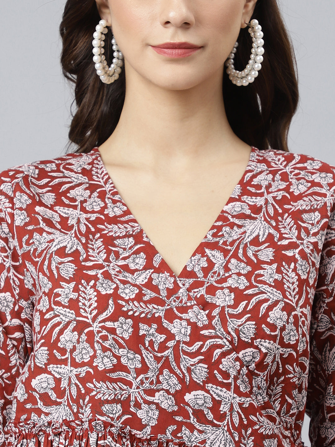 Janasya Women's Maroon Cotton Floral Printed Angrakha Western Dress | Swadesiicart