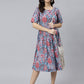 Janasya Women's Sky Blue Cotton Floral Printed Flared Western Dress | Swadesiicart