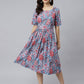 Janasya Women's Sky Blue Cotton Floral Printed Flared Western Dress | Swadesiicart