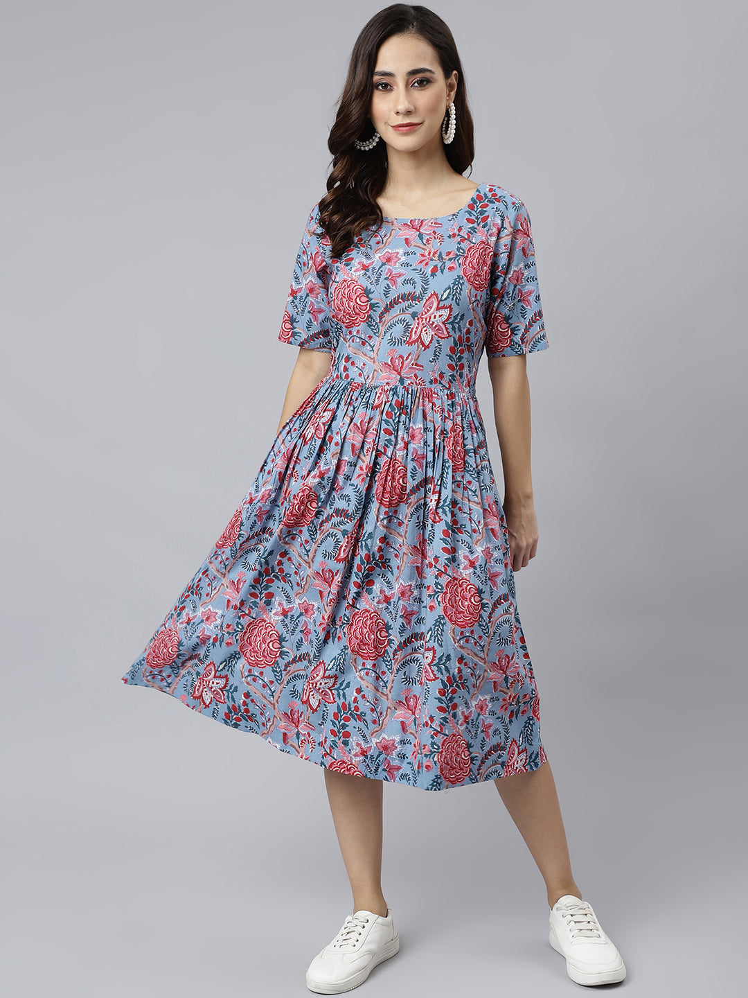 Janasya Women's Sky Blue Cotton Floral Printed Flared Western Dress | Swadesiicart