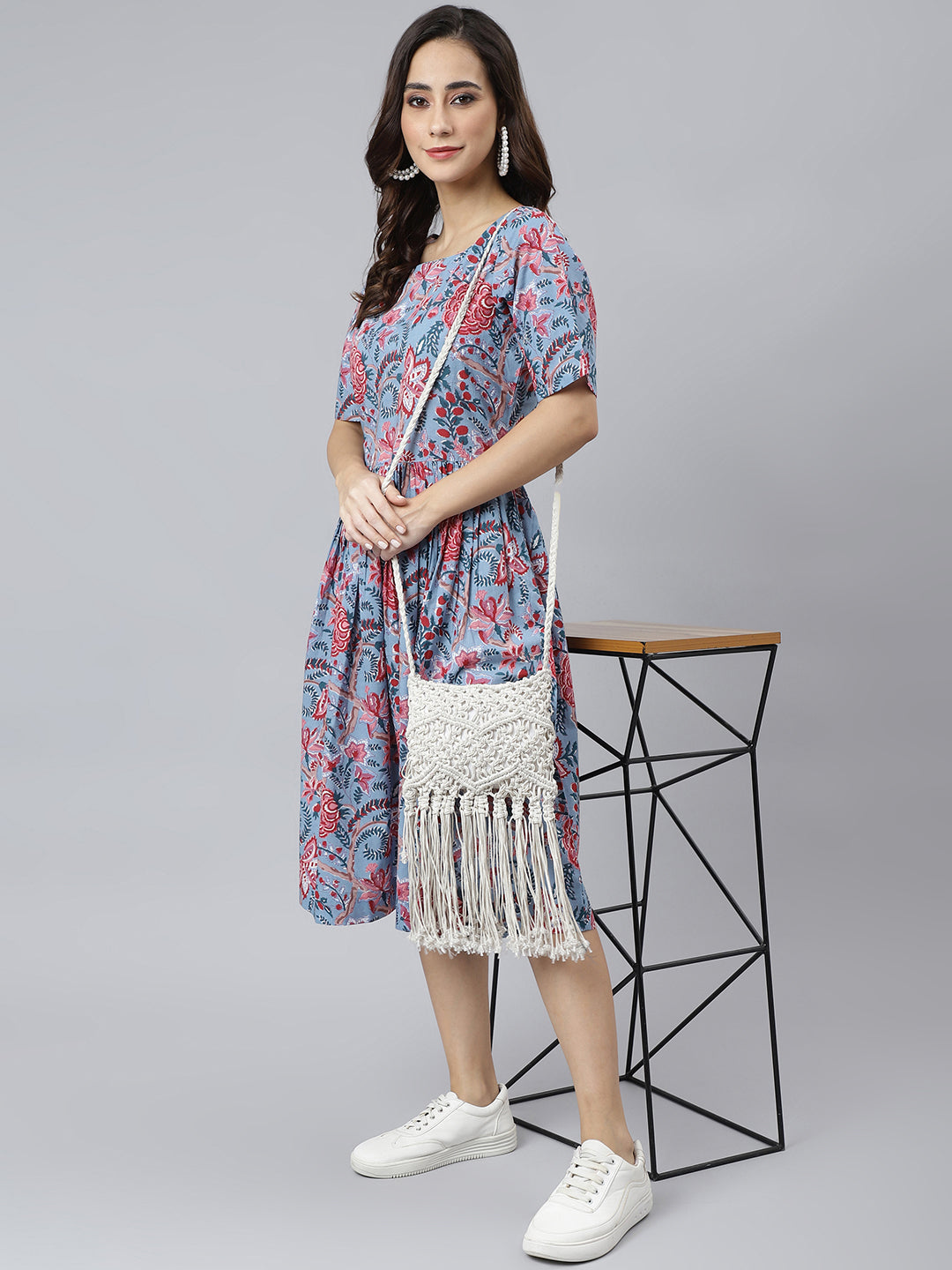 Janasya Women's Sky Blue Cotton Floral Printed Flared Western Dress | Swadesiicart