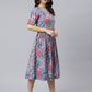 Janasya Women's Sky Blue Cotton Floral Printed Flared Western Dress | Swadesiicart