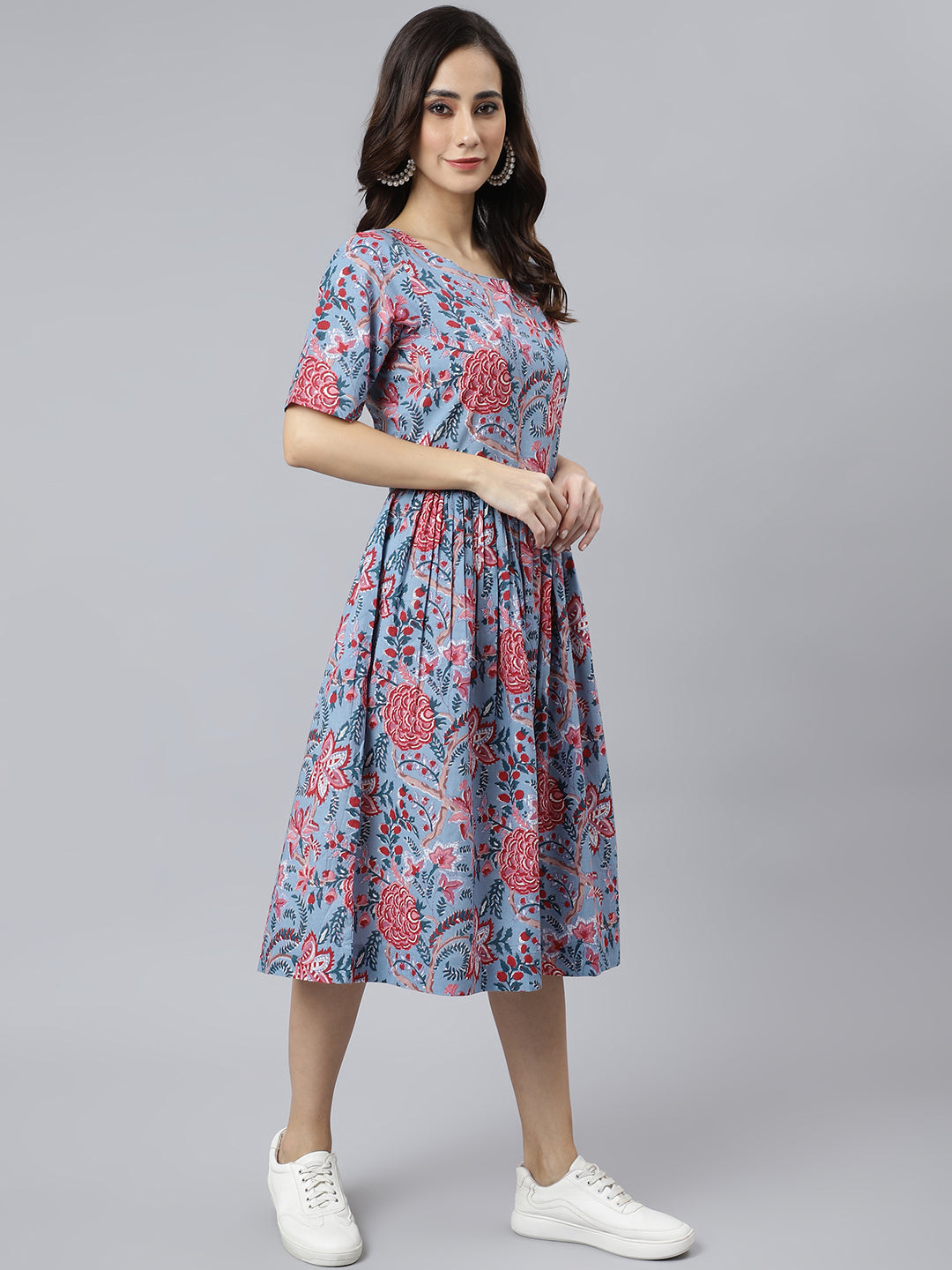 Janasya Women's Sky Blue Cotton Floral Printed Flared Western Dress | Swadesiicart