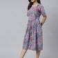 Janasya Women's Sky Blue Cotton Floral Printed Flared Western Dress | Swadesiicart