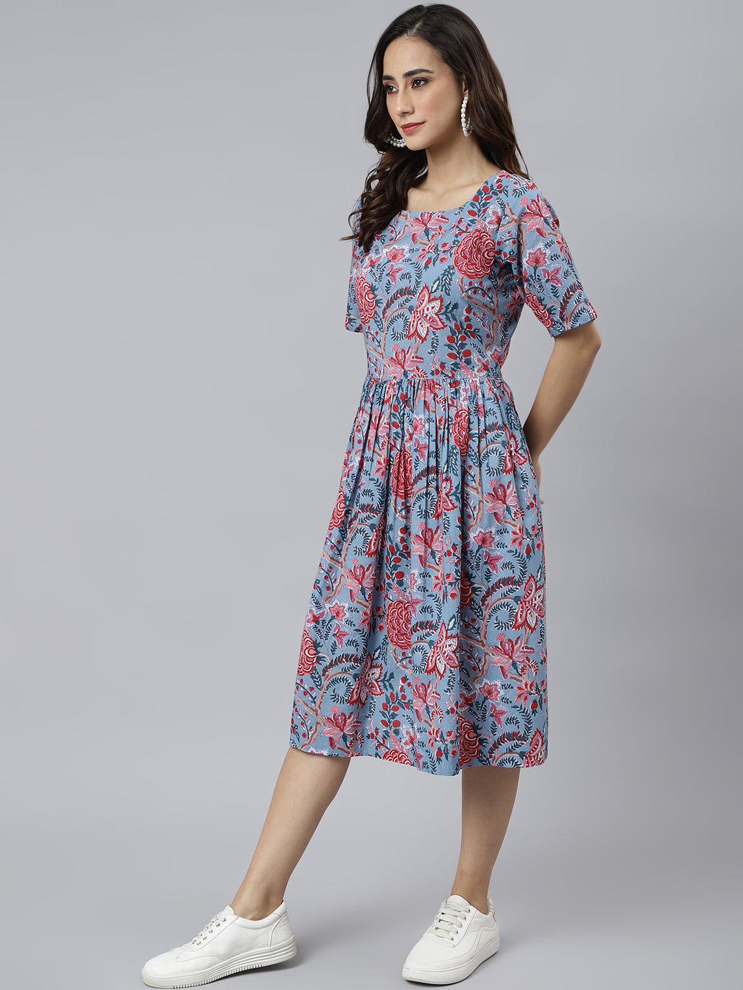 Janasya Women's Sky Blue Cotton Floral Printed Flared Western Dress | Swadesiicart