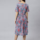 Janasya Women's Sky Blue Cotton Floral Printed Flared Western Dress | Swadesiicart