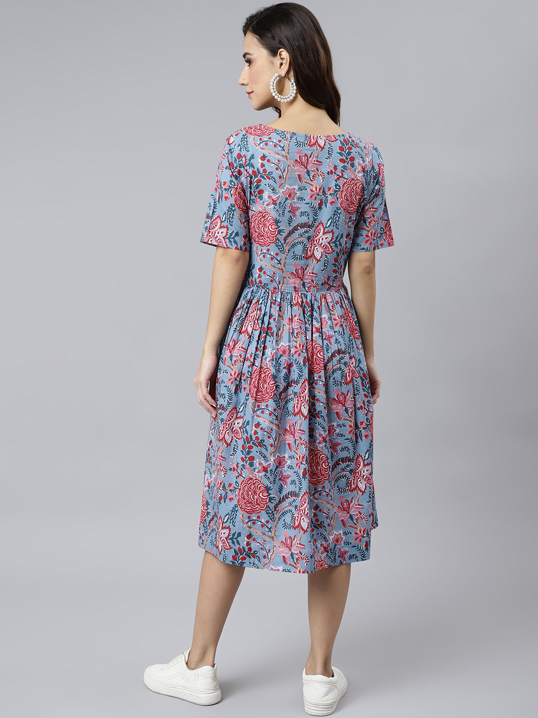 Janasya Women's Sky Blue Cotton Floral Printed Flared Western Dress | Swadesiicart