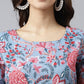 Janasya Women's Sky Blue Cotton Floral Printed Flared Western Dress | Swadesiicart